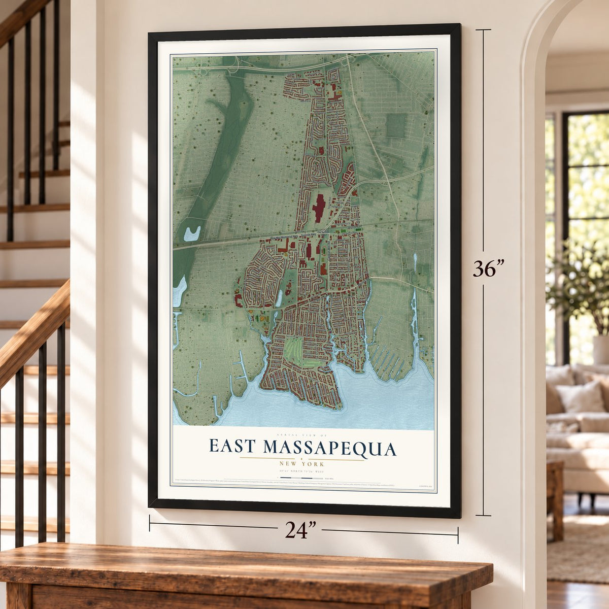 East Massapequa, New York map, 24 x 36 inch print in a black frame by a staircase