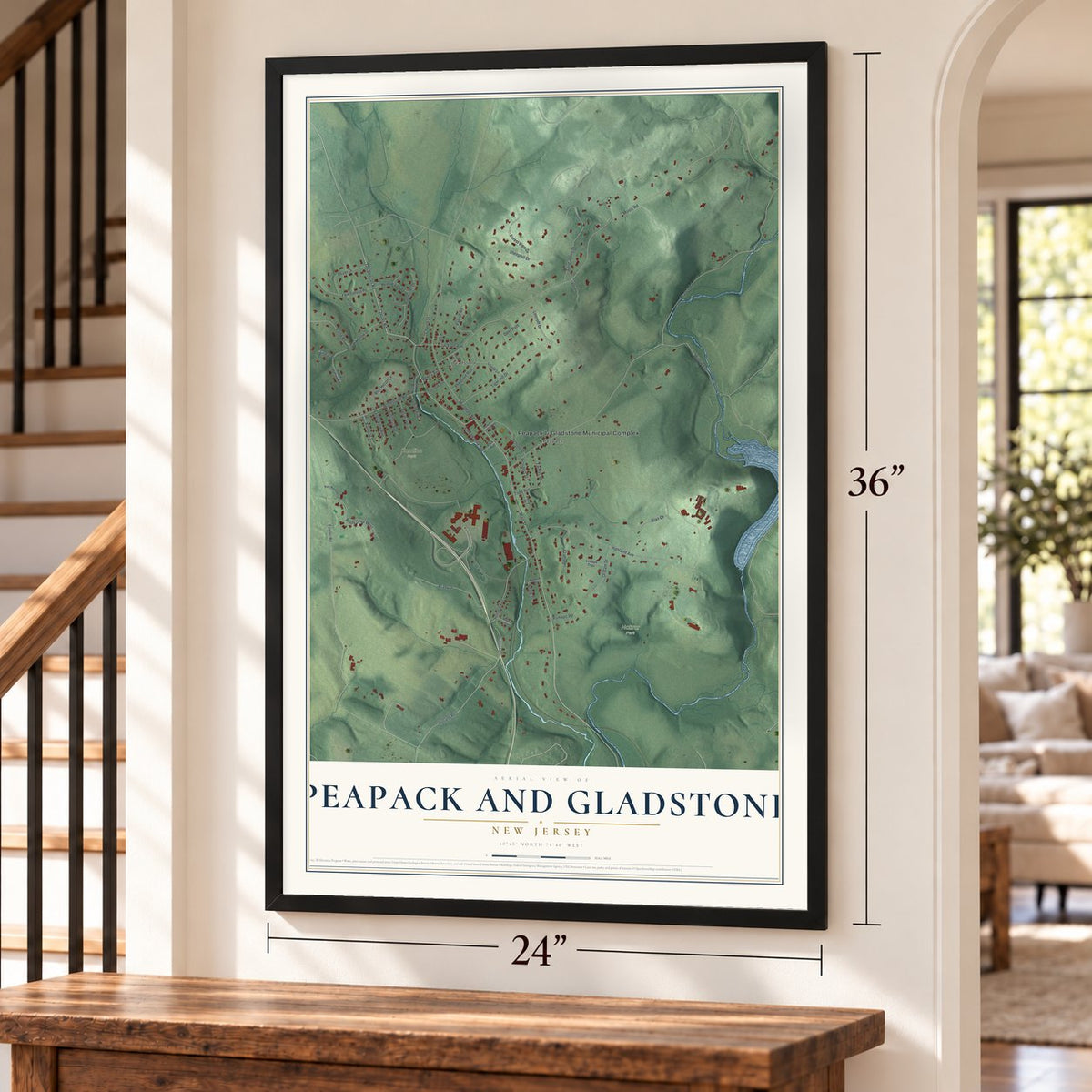 Peapack and Gladstone, New Jersey map, 24 x 36 inch print in a black frame by a staircase