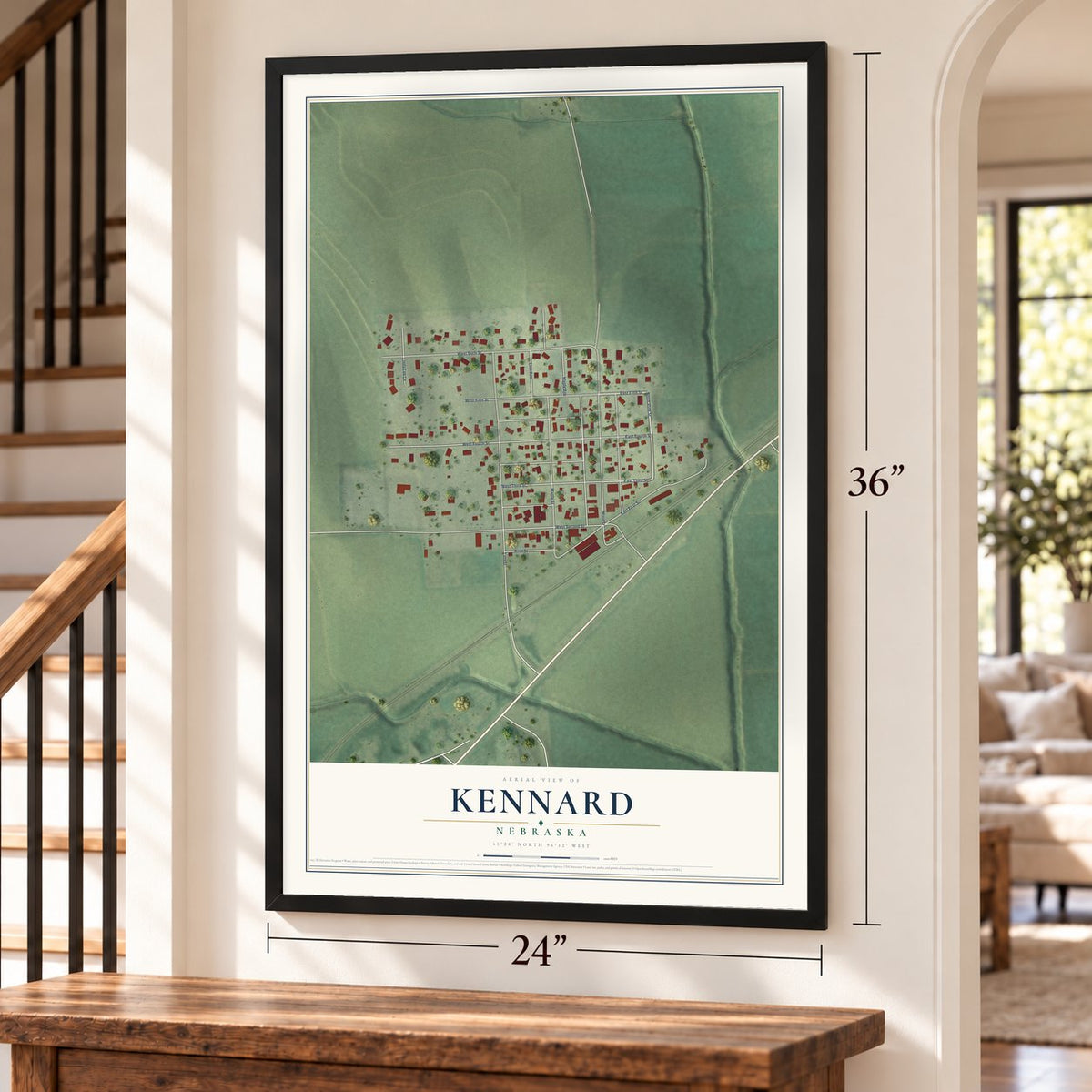 Kennard, Nebraska map, 24 x 36 inch print in a black frame by a staircase