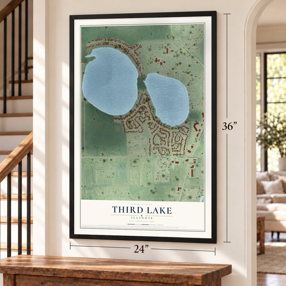 Third Lake, Illinois map, 24 x 36 inch print in a black frame by a staircase