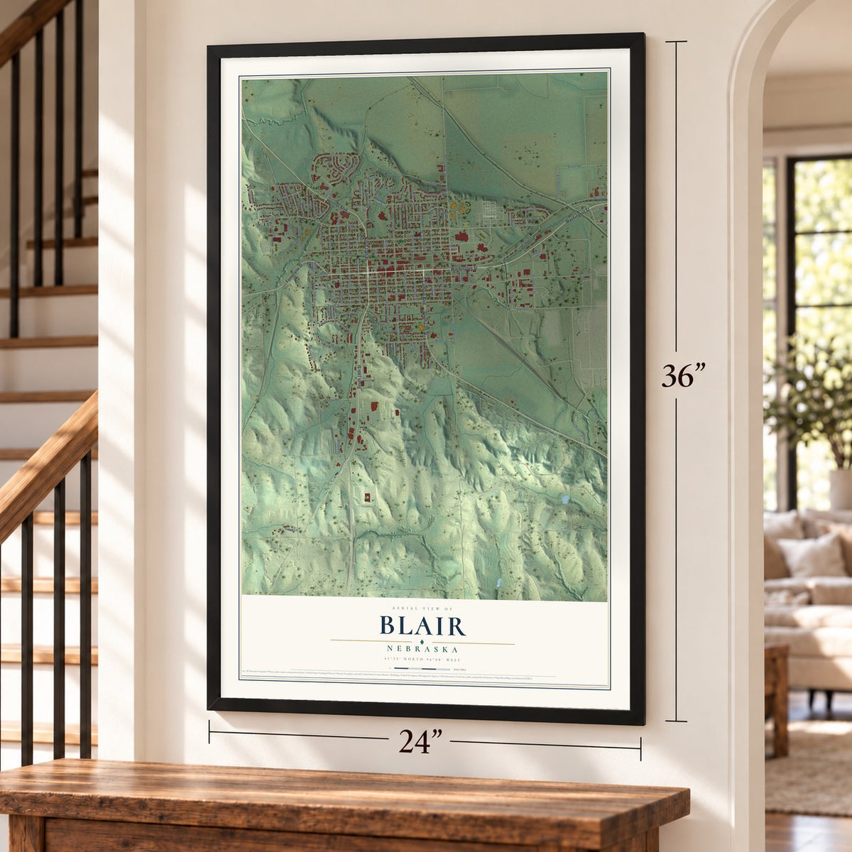 Blair, Nebraska map, 24 x 36 inch print in a black frame by a staircase