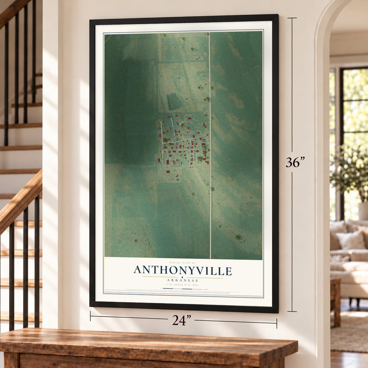 Anthonyville, Arkansas map, 24 x 36 inch print in a black frame by a staircase