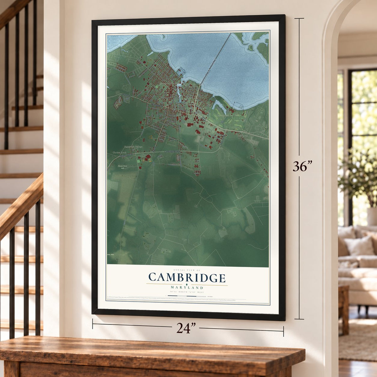 Cambridge, Maryland map, 24 x 36 inch print in a black frame by a staircase