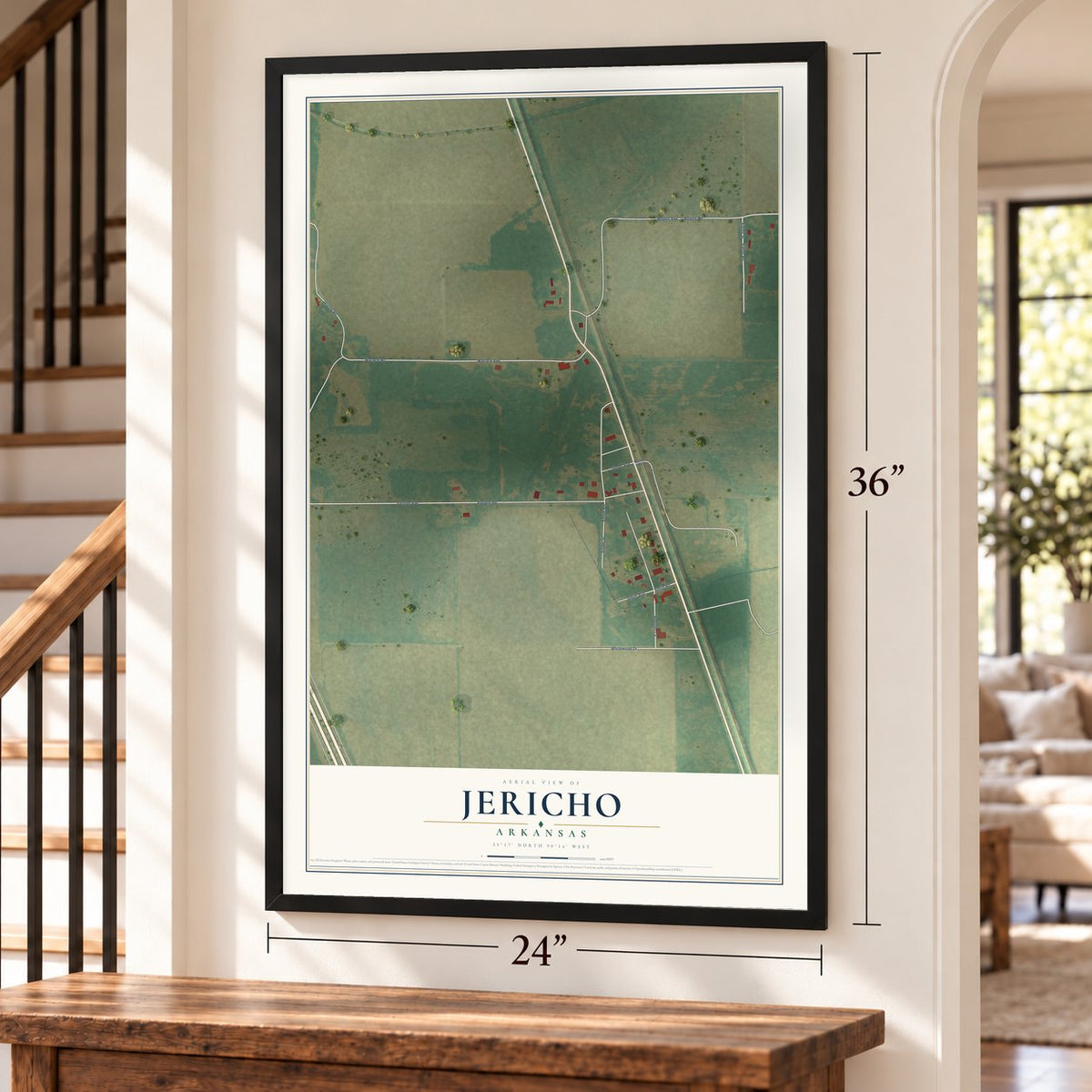 Jericho, Arkansas map, 24 x 36 inch print in a black frame by a staircase