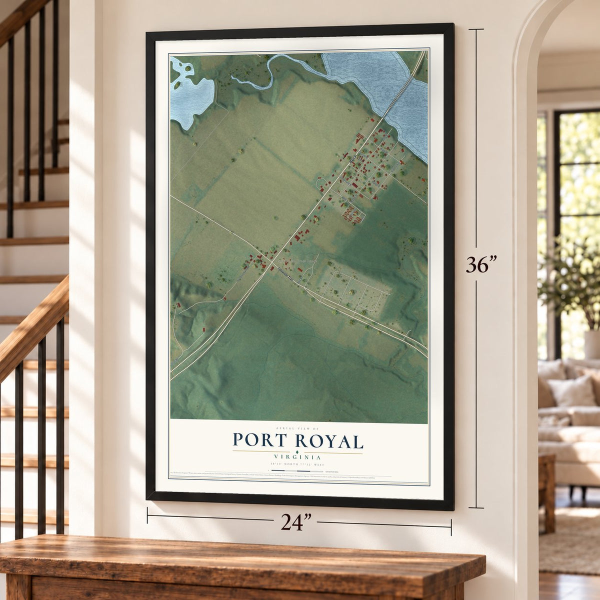 Port Royal, Virginia map, 24 x 36 inch print in a black frame by a staircase