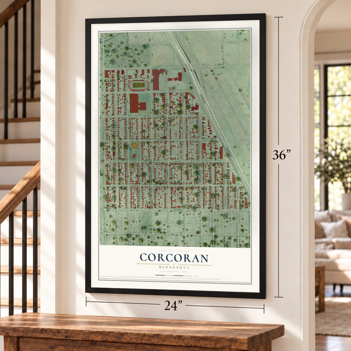 Corcoran, Minneapolis, Minnesota map, 24 x 36 inch print in a black frame by a staircase