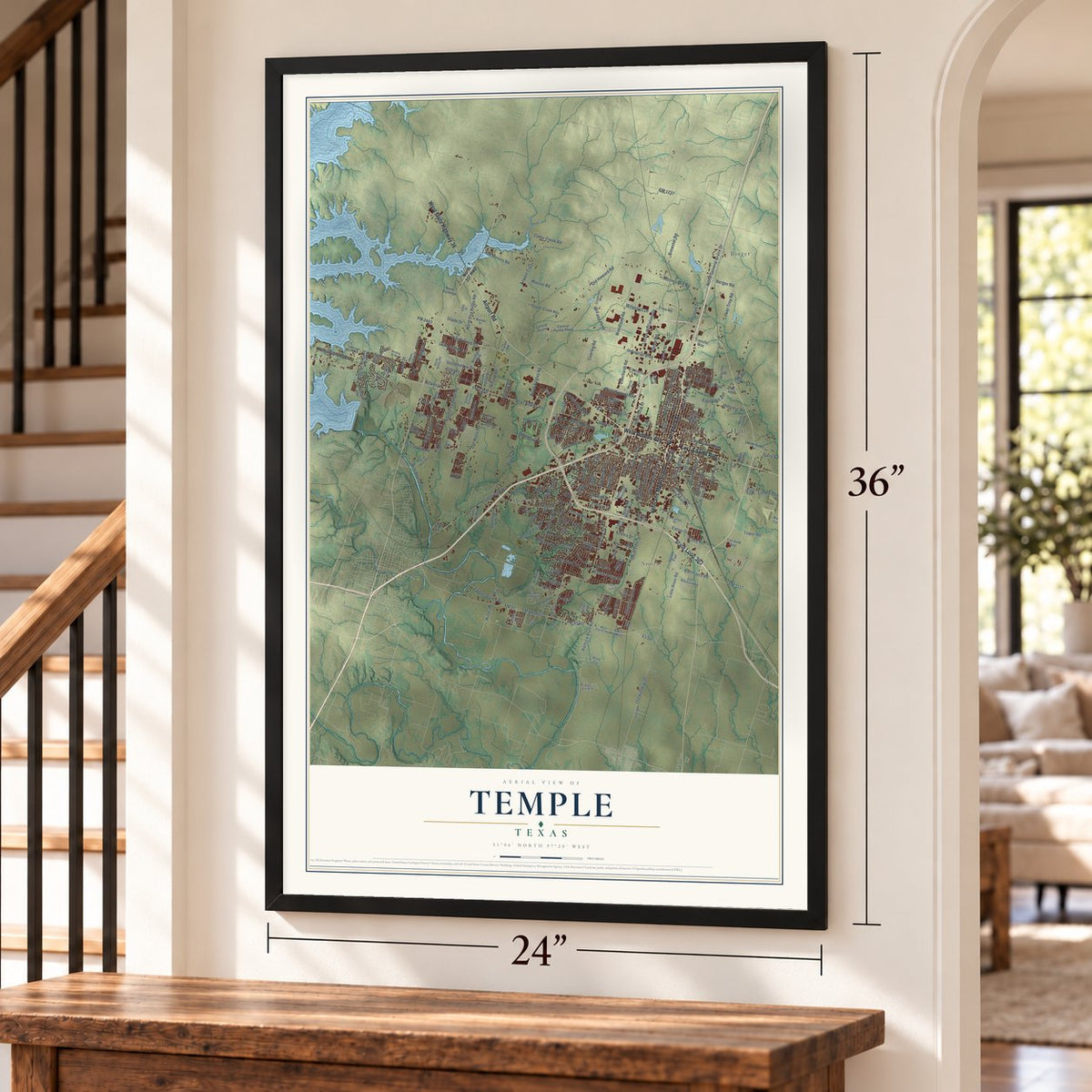 Temple, Texas map, 24 x 36 inch print in a black frame by a staircase