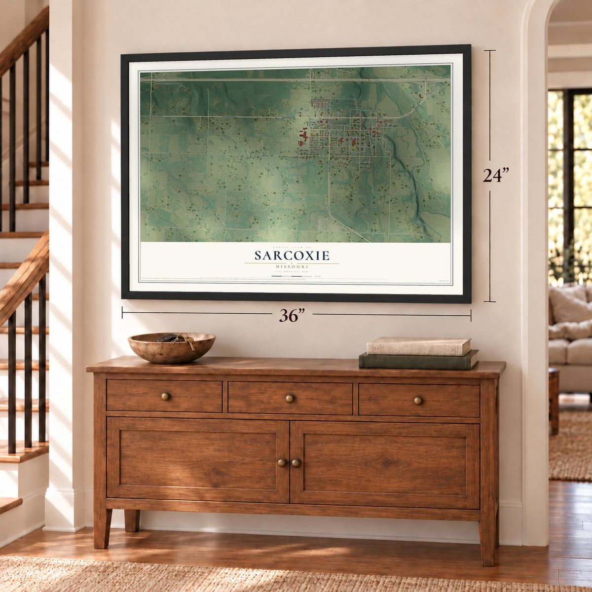 Sarcoxie, Missouri map, 24 x 36 inch print in a black frame above a dresser by a staircase
