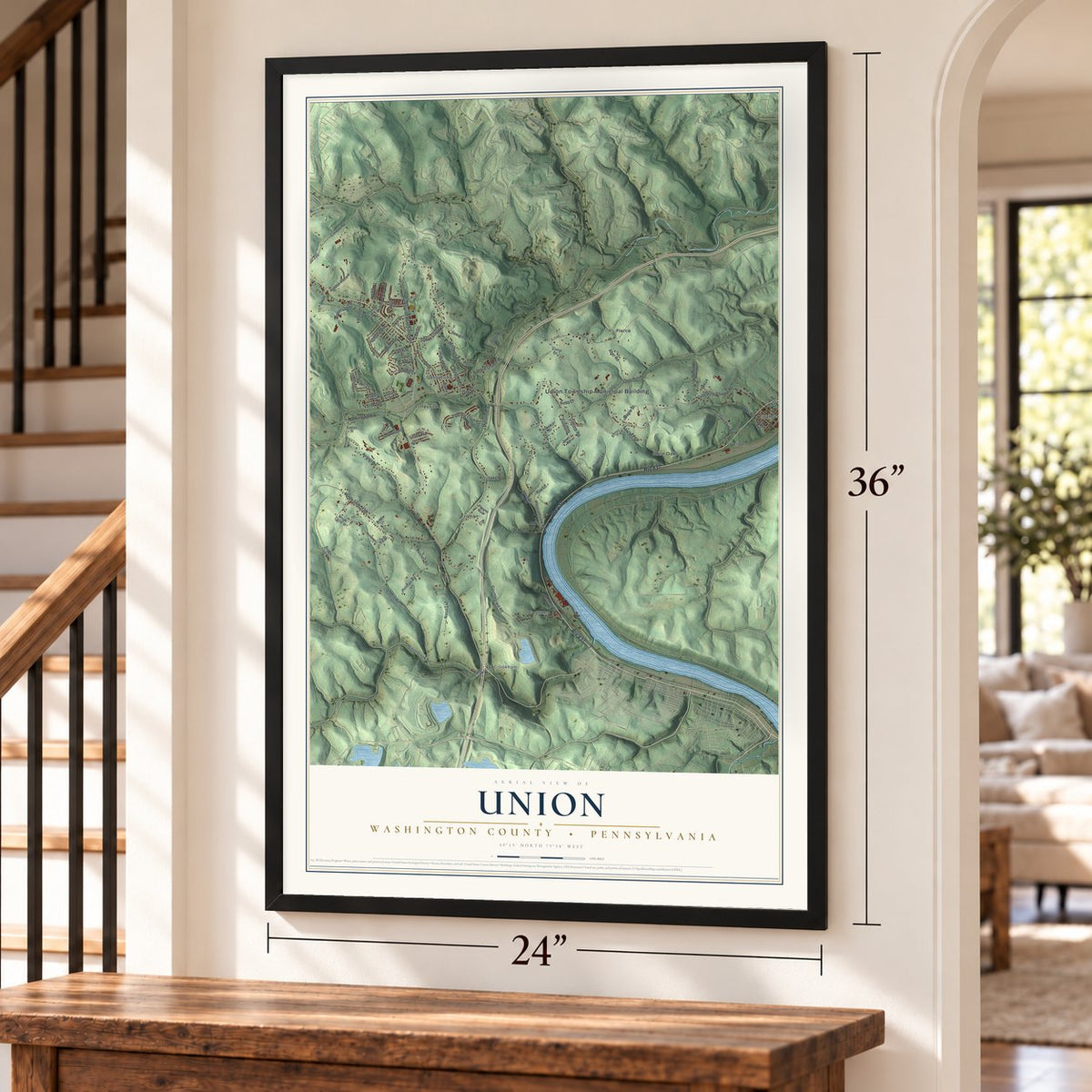 Union, Washington County, Pennsylvania map, 24 x 36 inch print in a black frame by a staircase
