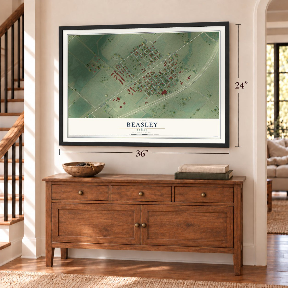 Beasley, Texas map, 24 x 36 inch print in a black frame above a dresser by a staircase