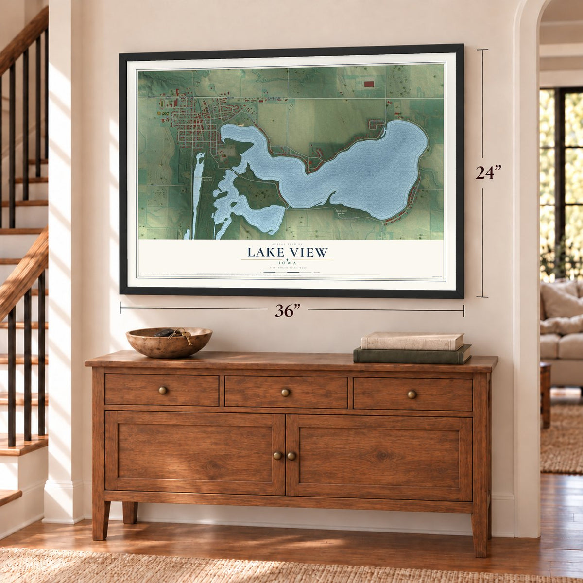 Lake View, Iowa map, 24 x 36 inch print in a black frame above a dresser by a staircase