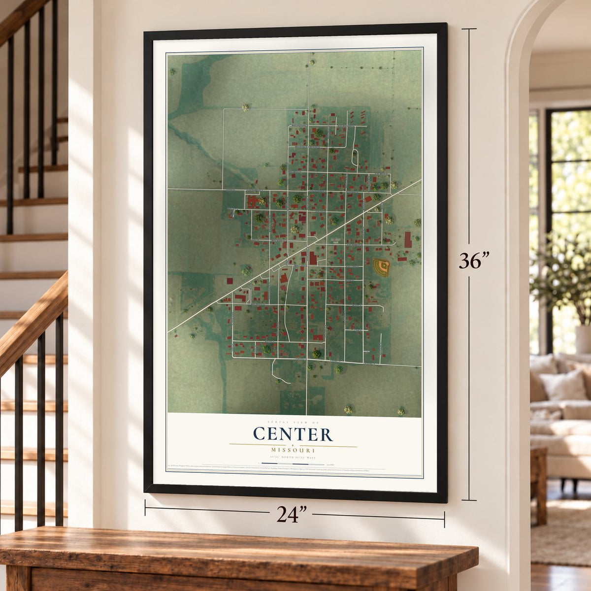 Center, Missouri map, 24 x 36 inch print in a black frame by a staircase