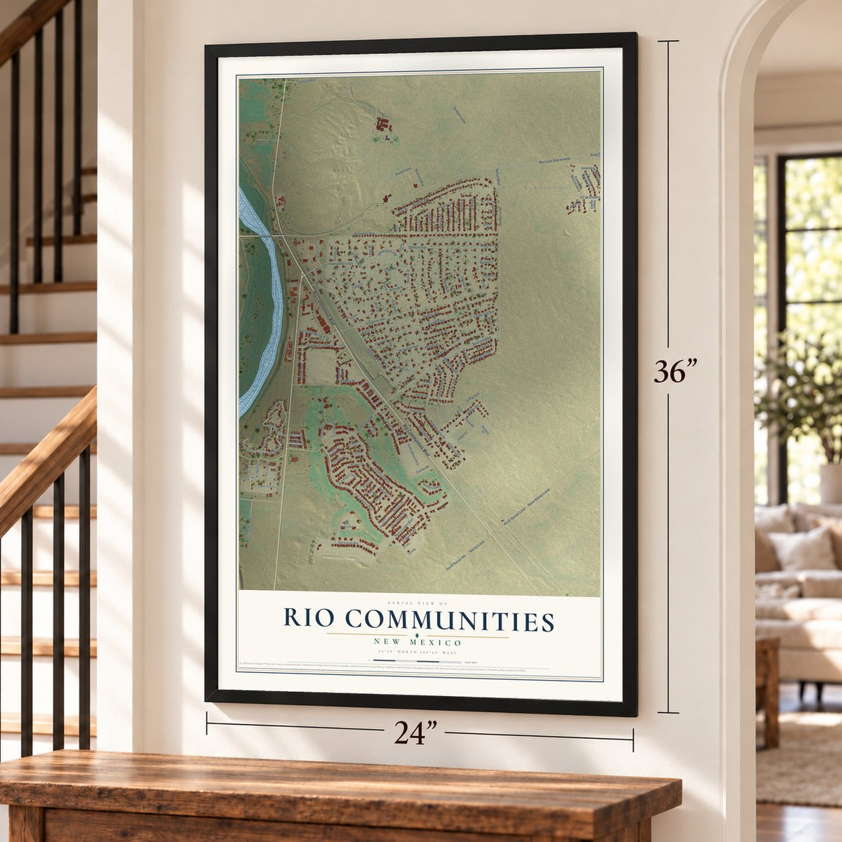 Rio Communities, New Mexico map, 24 x 36 inch print in a black frame by a staircase