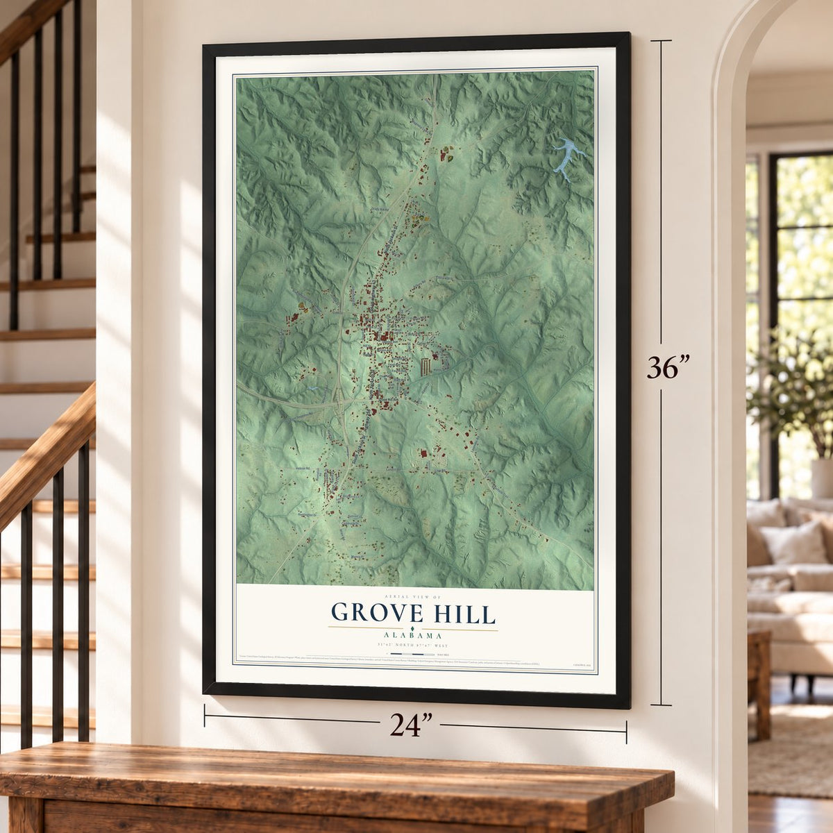 Grove Hill, Alabama map, 24 x 36 inch print in a black frame by a staircase