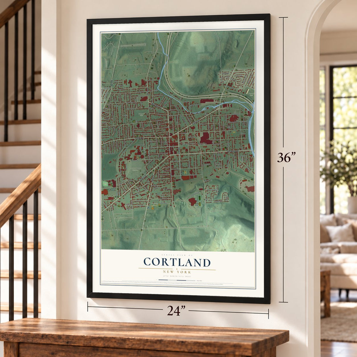 Cortland, New York map, 24 x 36 inch print in a black frame by a staircase