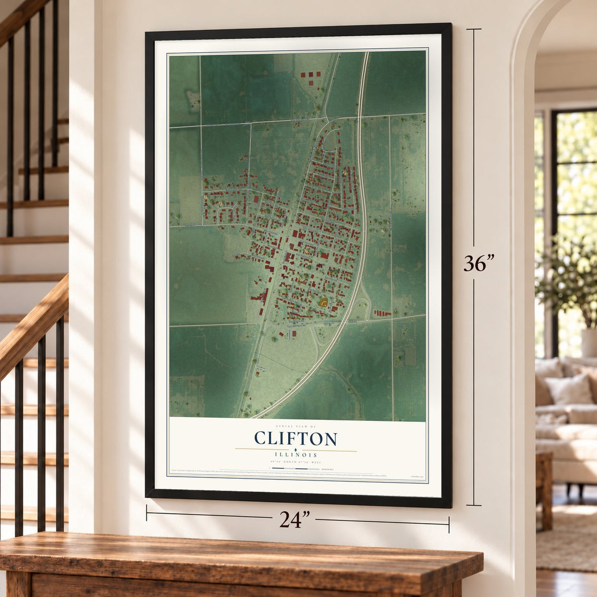 Clifton, Illinois map, 24 x 36 inch print in a black frame by a staircase