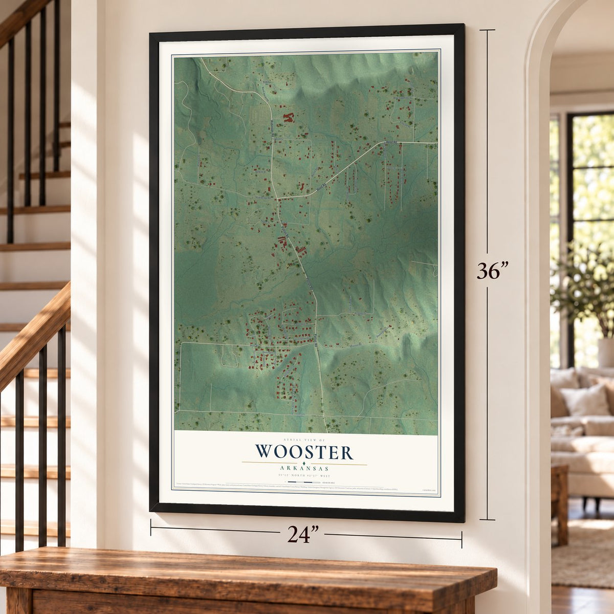Wooster, Arkansas map, 24 x 36 inch print in a black frame by a staircase