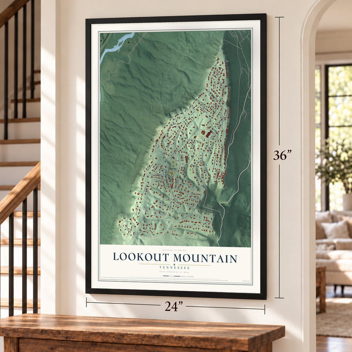 Lookout Mountain, Tennessee map, 24 x 36 inch print in a black frame by a staircase