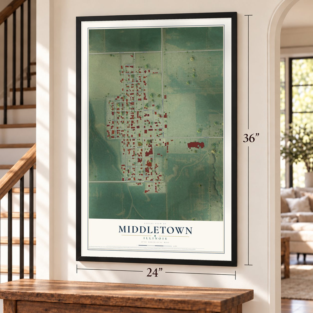 Middletown, Illinois map, 24 x 36 inch print in a black frame by a staircase