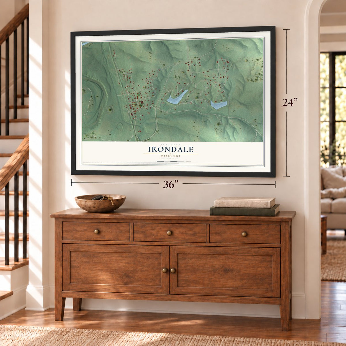Irondale, Missouri map, 24 x 36 inch print in a black frame above a dresser by a staircase