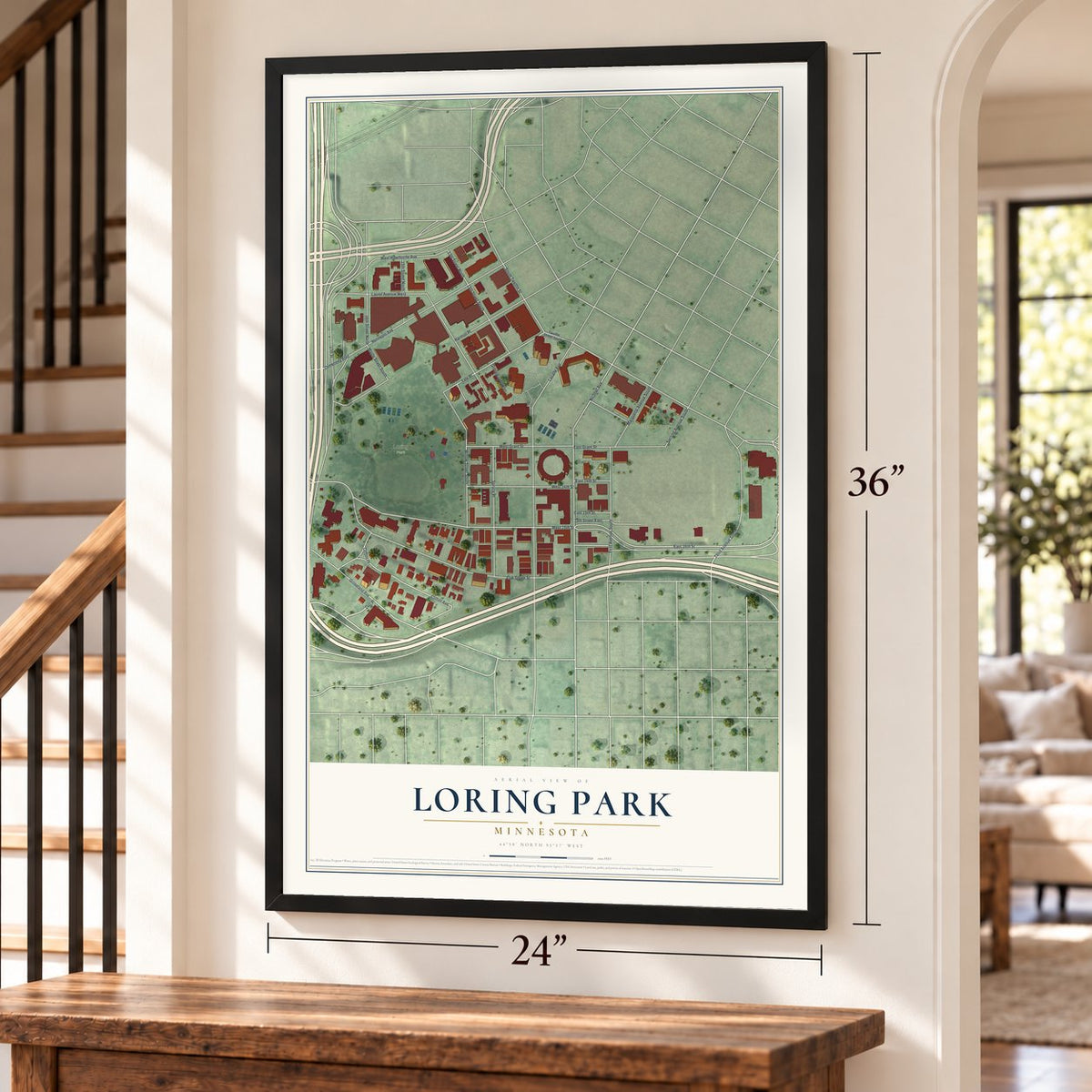 Loring Park, Minnesota map, 24 x 36 inch print in a black frame by a staircase