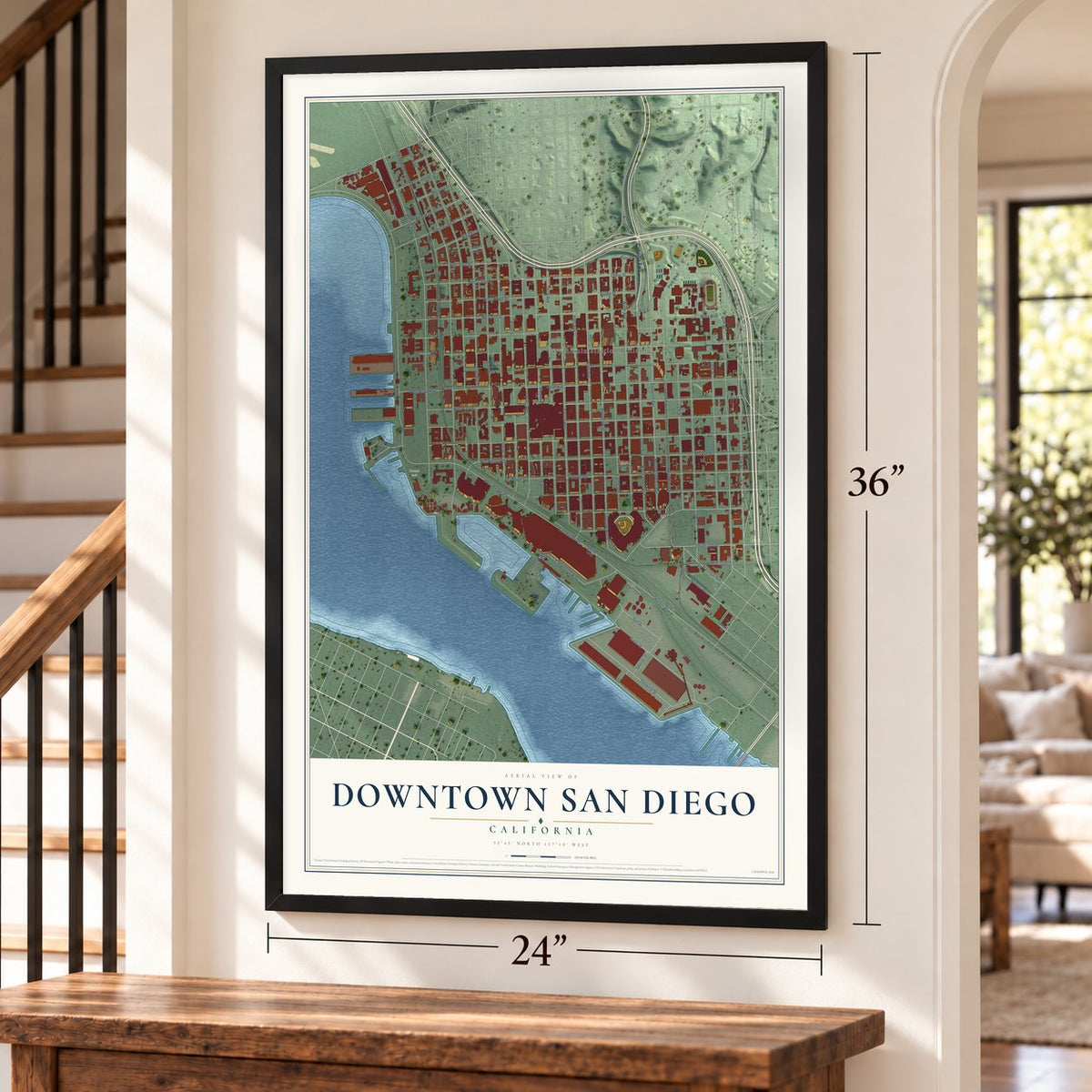 Downtown San Diego, California map, 24 x 36 inch print in a black frame by a staircase