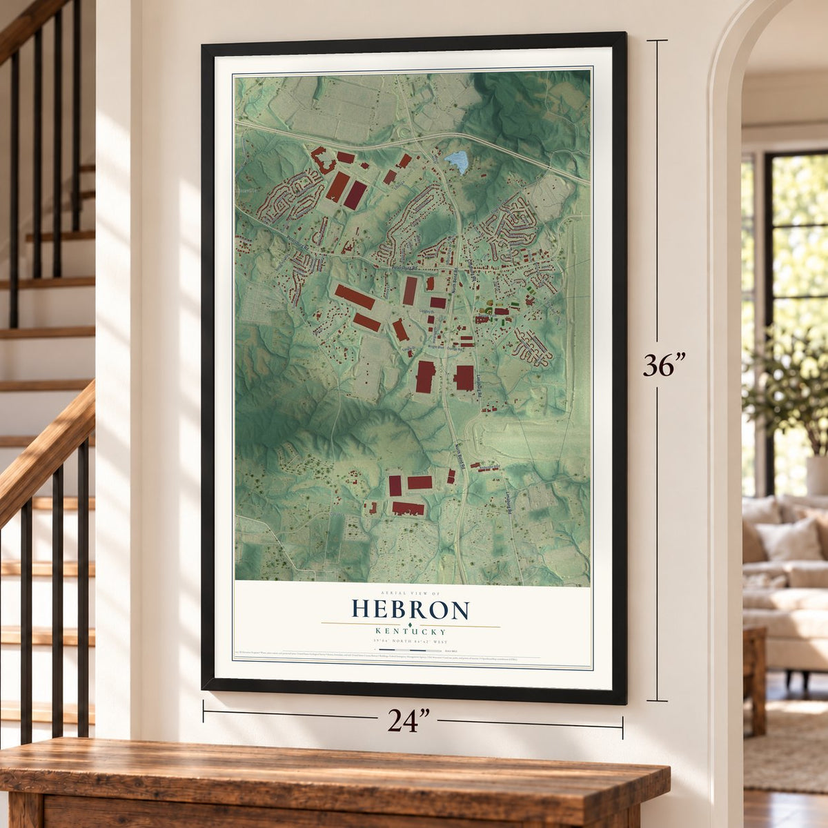 Hebron, Kentucky map, 24 x 36 inch print in a black frame by a staircase