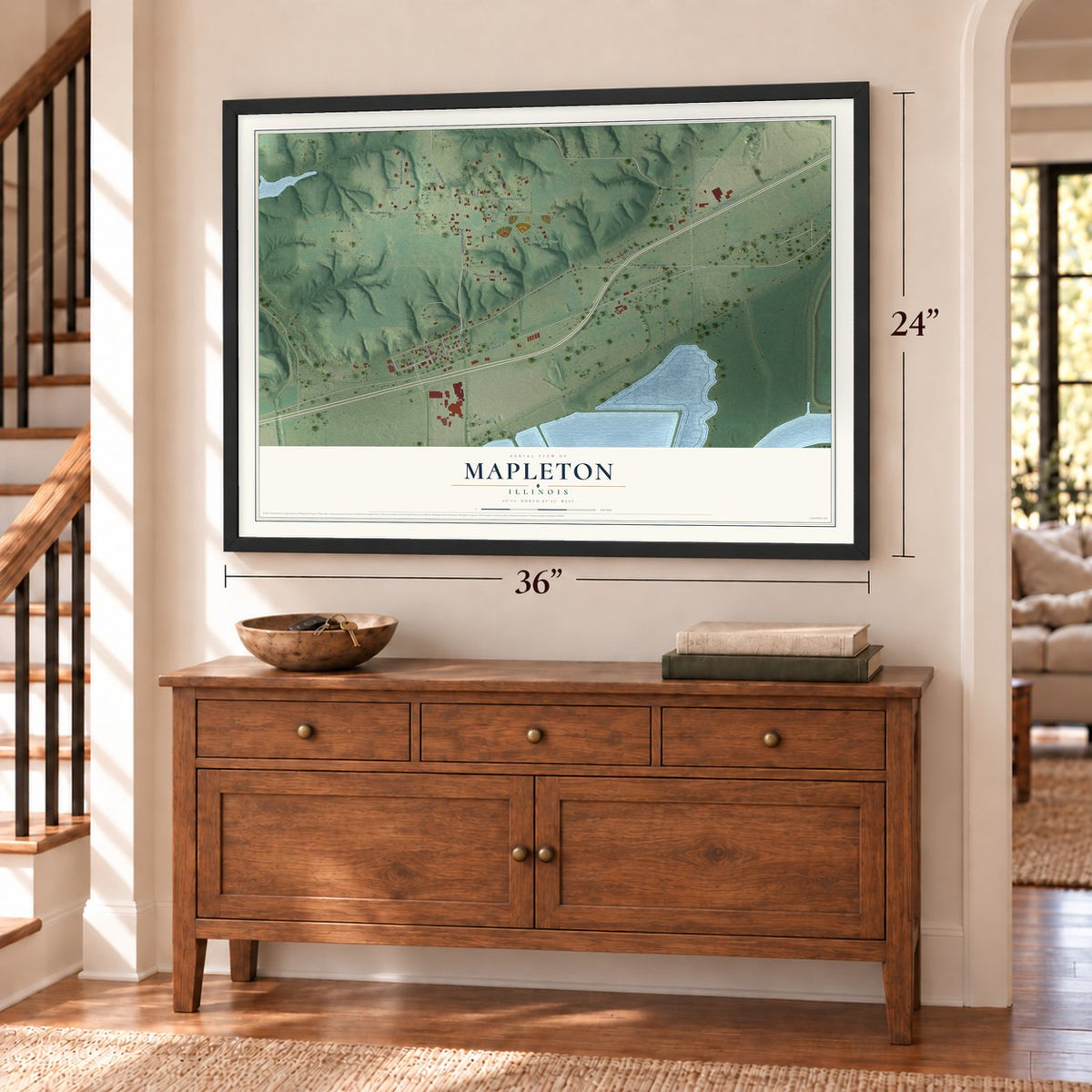 Mapleton, Illinois map, 24 x 36 inch print in a black frame above a dresser by a staircase