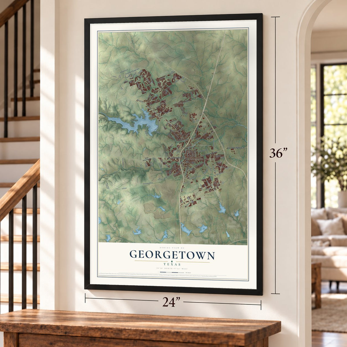 Georgetown, Texas map, 24 x 36 inch print in a black frame by a staircase