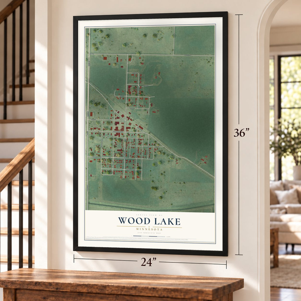 Wood Lake, Minnesota map, 24 x 36 inch print in a black frame by a staircase