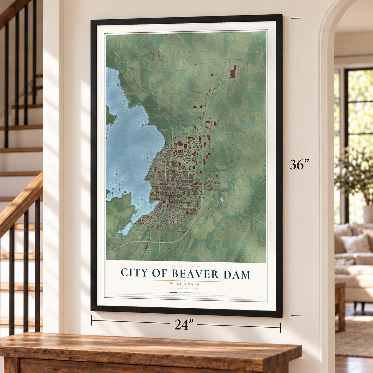 Beaver Dam, Wisconsin map, 24 x 36 inch print in a black frame by a staircase