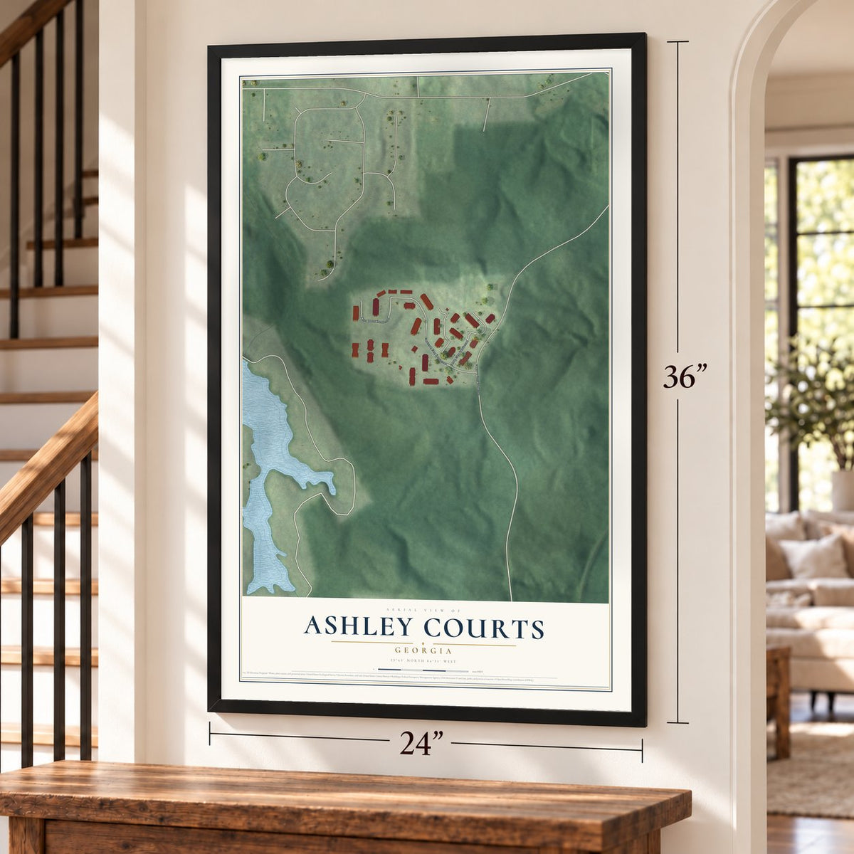 Ashley Courts, Georgia map, 24 x 36 inch print in a black frame by a staircase