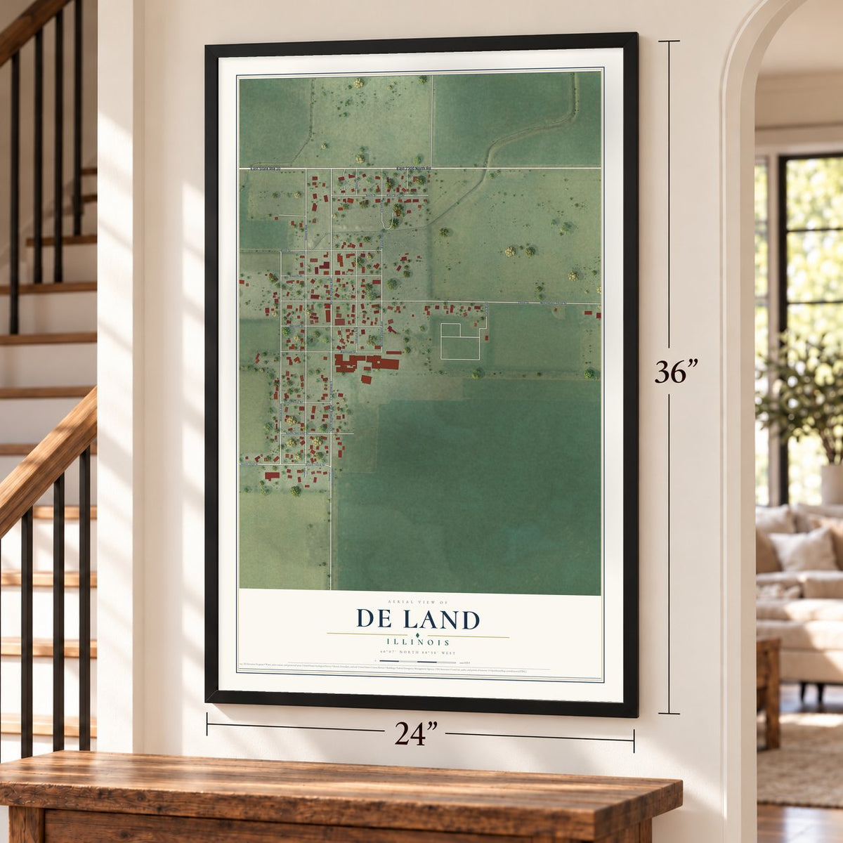 De Land, Illinois map, 24 x 36 inch print in a black frame by a staircase