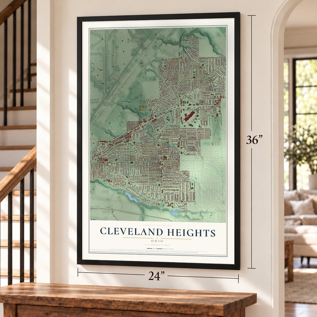 Cleveland Heights, Ohio map, 24 x 36 inch print in a black frame by a staircase