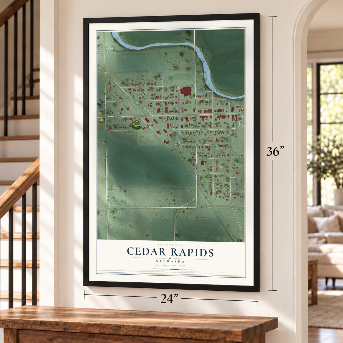 Cedar Rapids, Nebraska map, 24 x 36 inch print in a black frame by a staircase