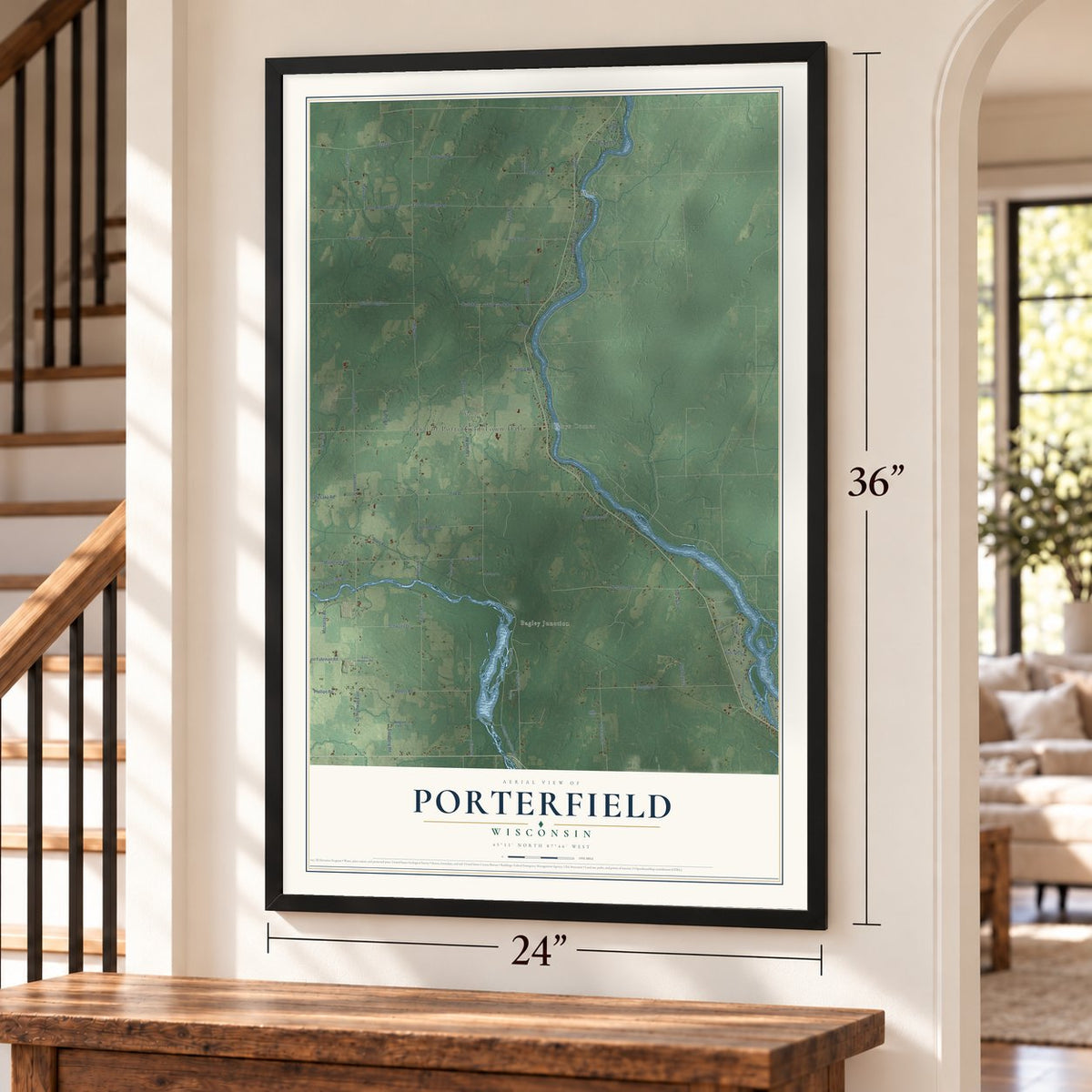 Porterfield, Wisconsin map, 24 x 36 inch print in a black frame by a staircase
