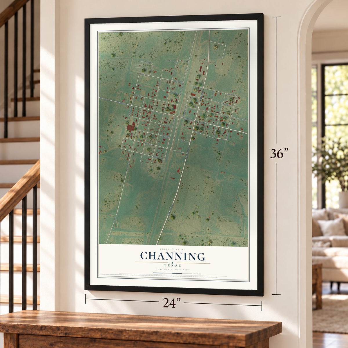 Channing, Texas map, 24 x 36 inch print in a black frame by a staircase