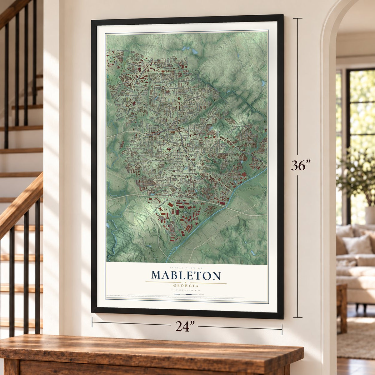 Mableton, Georgia map, 24 x 36 inch print in a black frame by a staircase