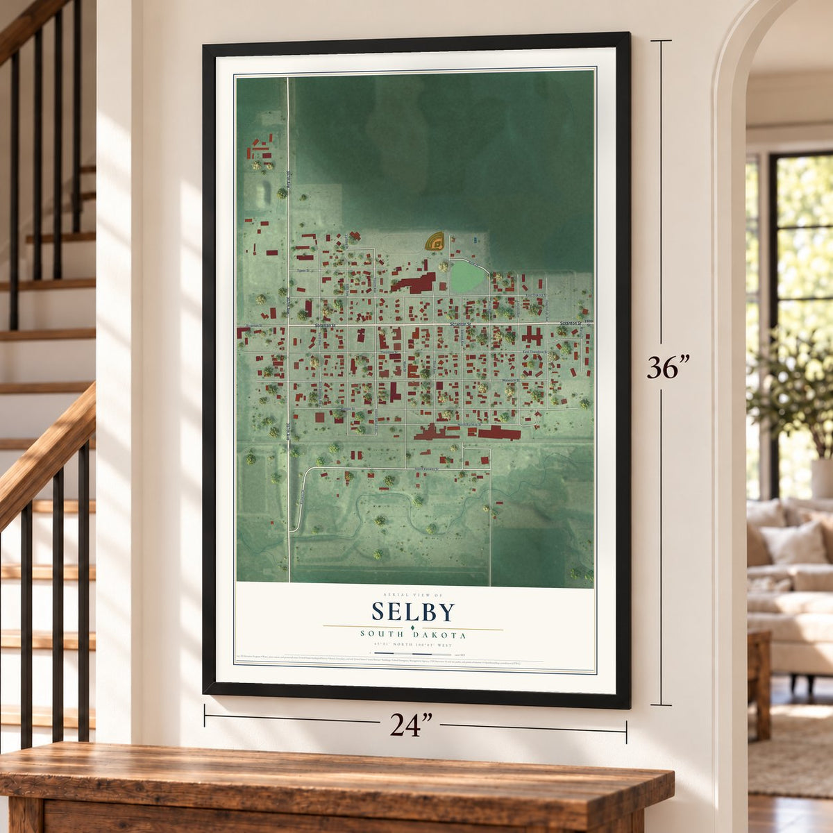 Selby, South Dakota map, 24 x 36 inch print in a black frame by a staircase