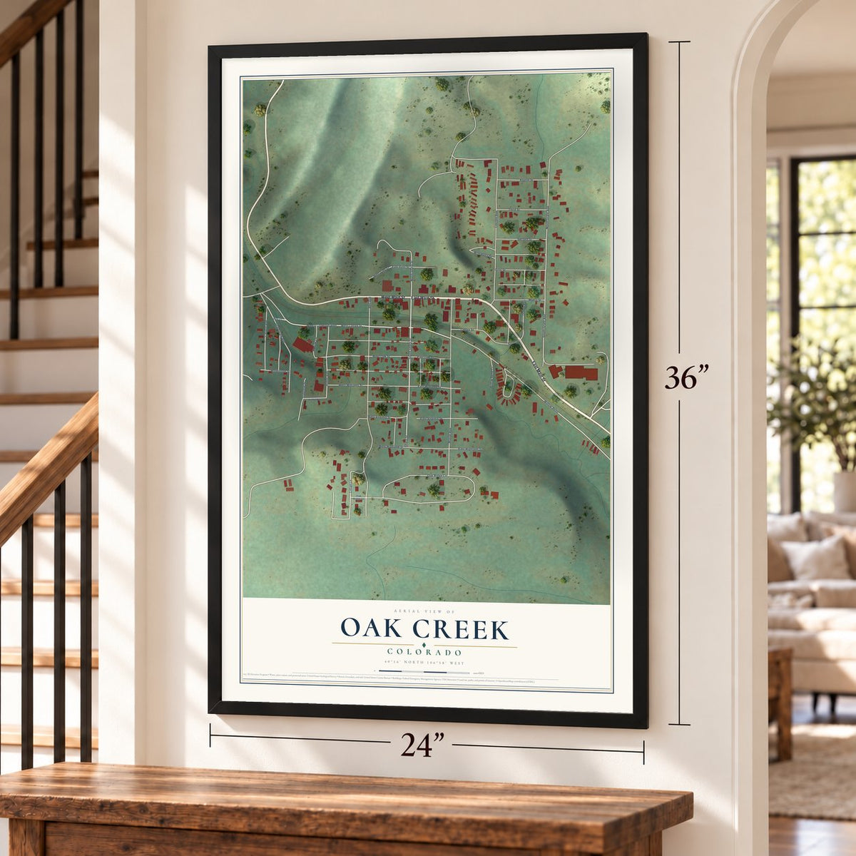 Oak Creek, Colorado map, 24 x 36 inch print in a black frame by a staircase