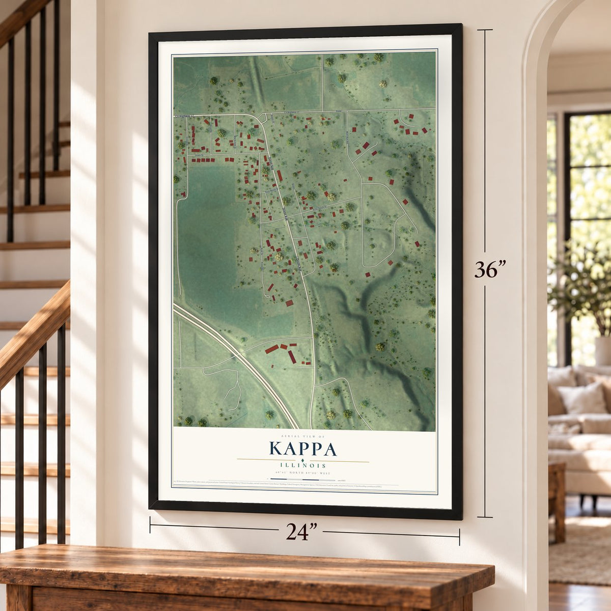 Kappa, Illinois map, 24 x 36 inch print in a black frame by a staircase