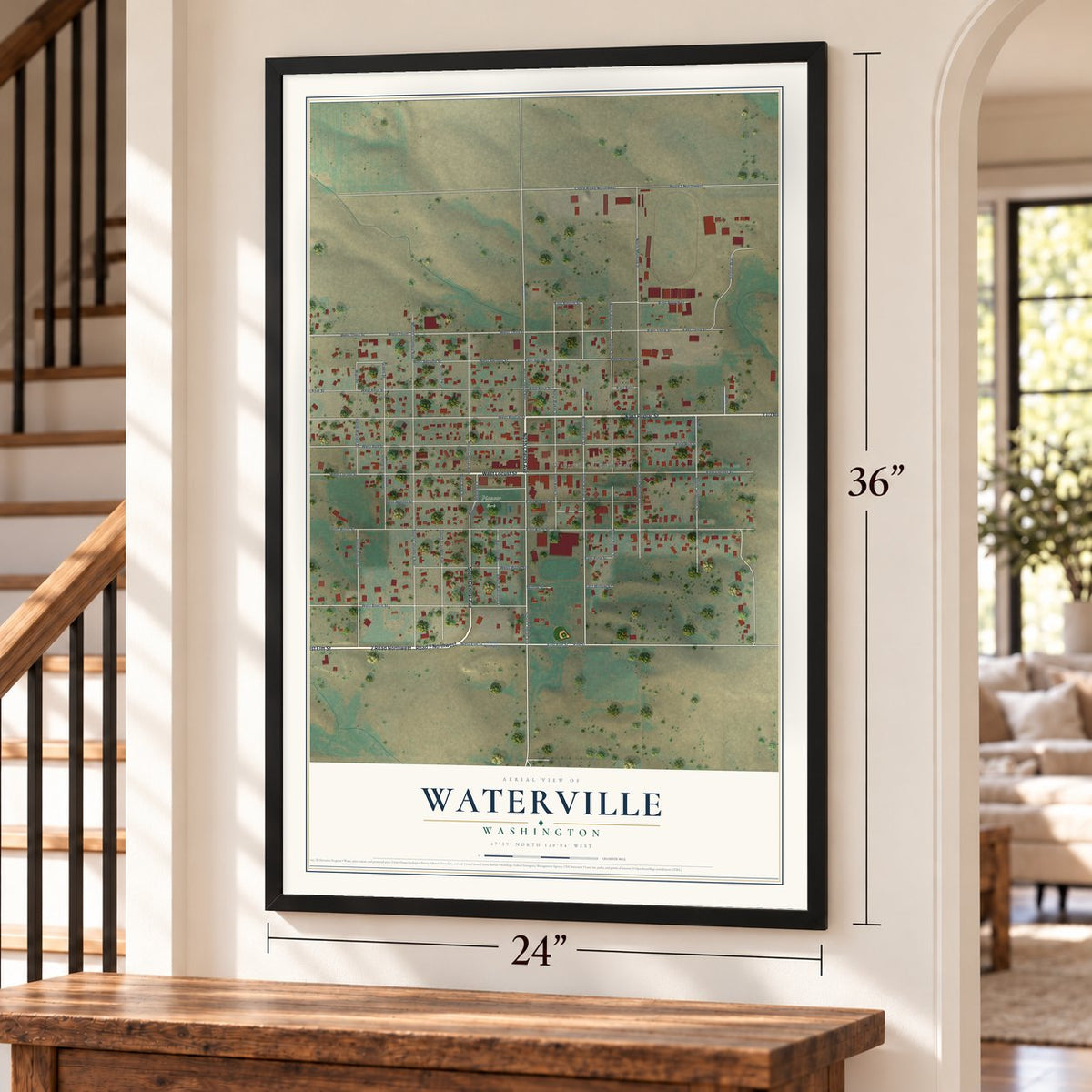 Waterville, Washington map, 24 x 36 inch print in a black frame by a staircase
