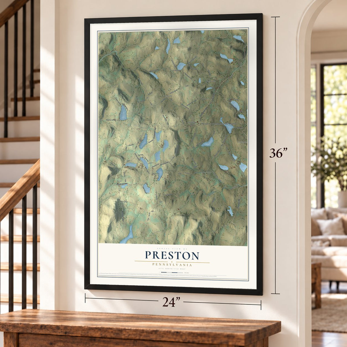 Preston, Pennsylvania map, 24 x 36 inch print in a black frame by a staircase