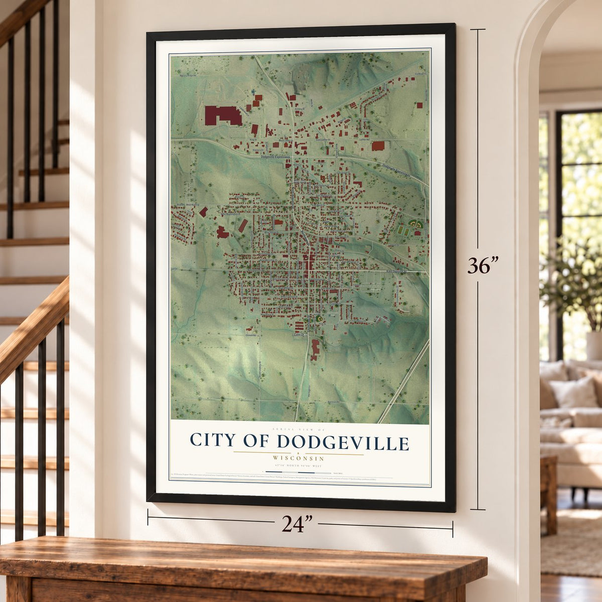 Dodgeville, Wisconsin map, 24 x 36 inch print in a black frame by a staircase