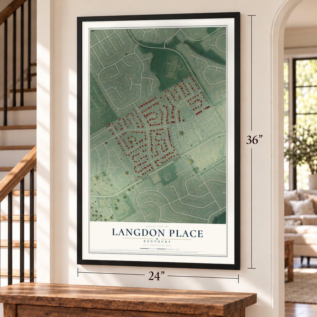 Langdon Place, Kentucky map, 24 x 36 inch print in a black frame by a staircase