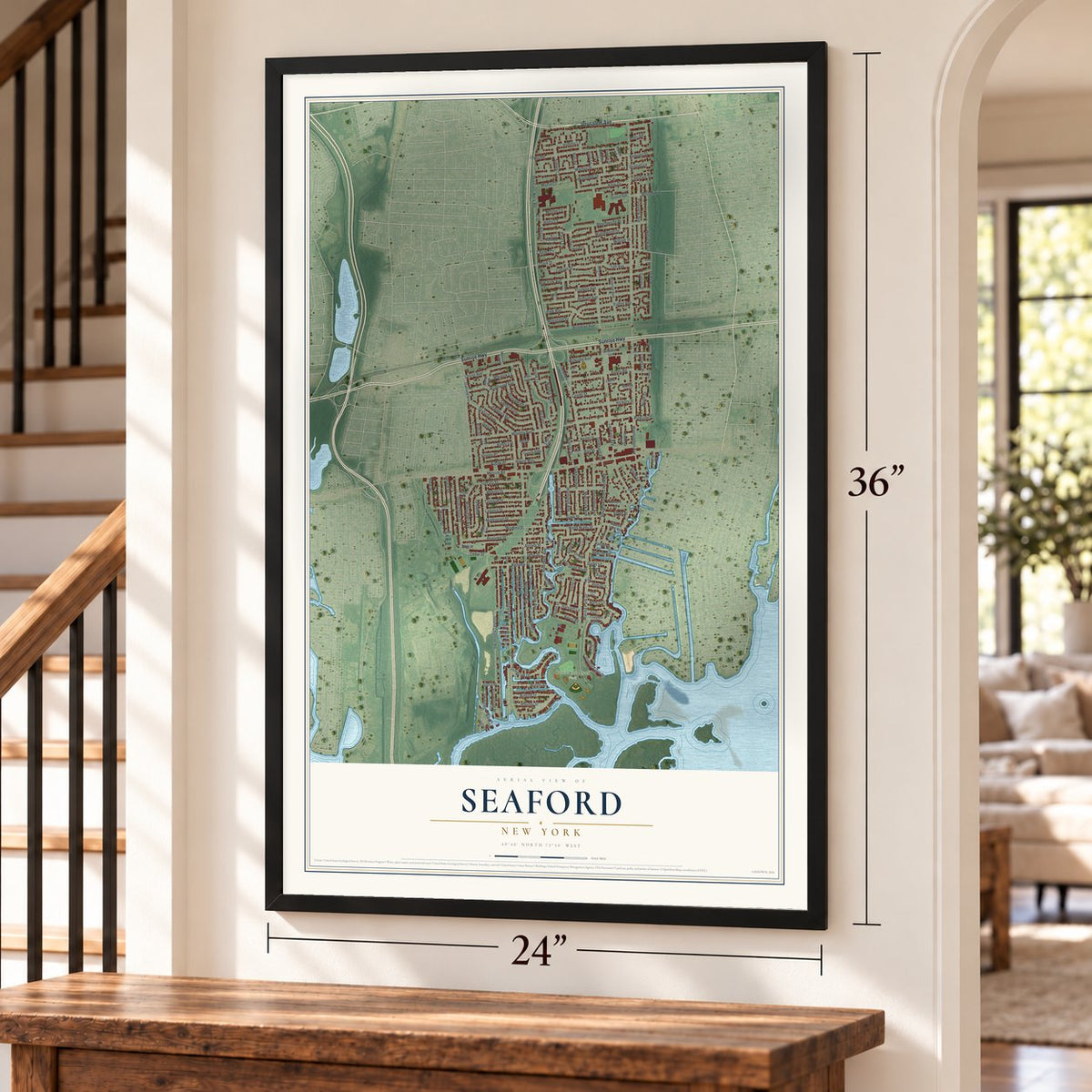 Seaford, New York map, 24 x 36 inch print in a black frame by a staircase