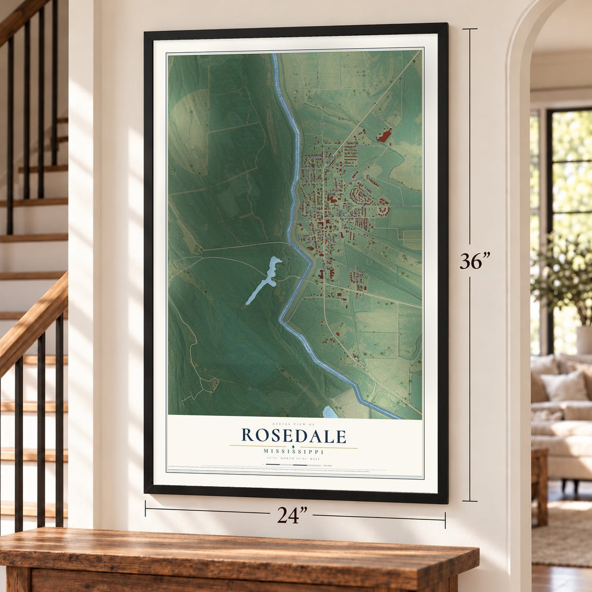 Rosedale, Mississippi map, 24 x 36 inch print in a black frame by a staircase