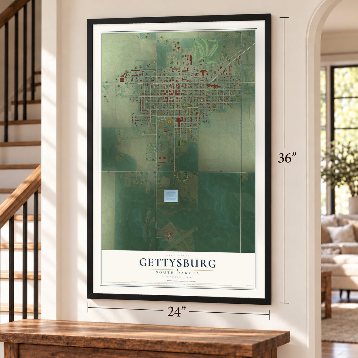 Gettysburg, South Dakota map, 24 x 36 inch print in a black frame by a staircase