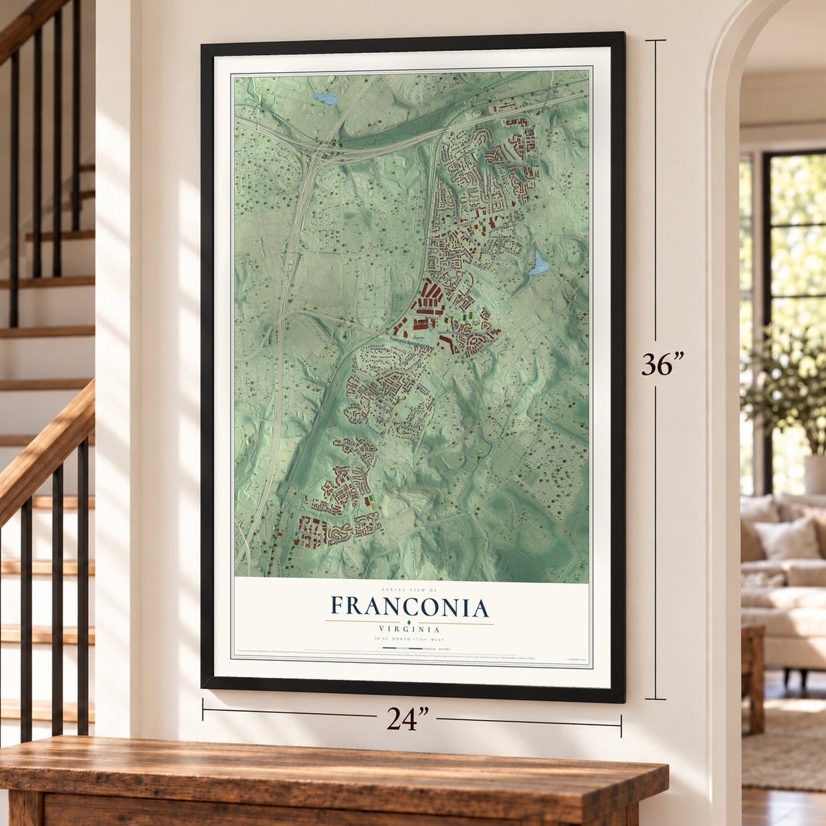 Franconia, Virginia map, 24 x 36 inch print in a black frame by a staircase