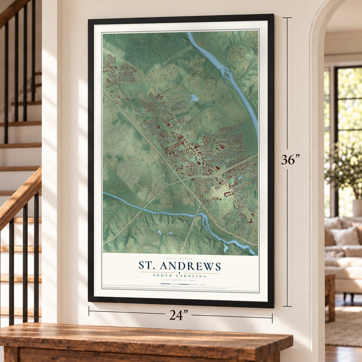 St. Andrews, South Carolina map, 24 x 36 inch print in a black frame by a staircase